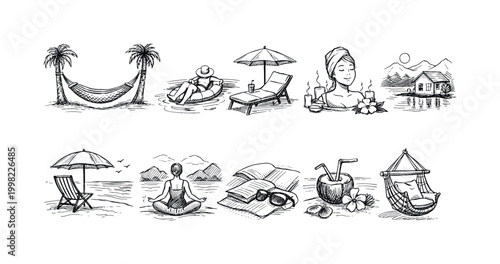 Relaxing vacation and wellness activities illustrated in a sketch style