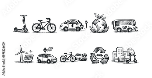 Eco-friendly transportation icons: electric scooter, bicycle, car, and planet