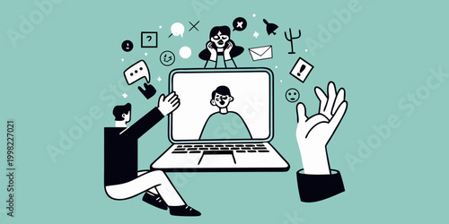 Illustration of online communication and emotional support via video call