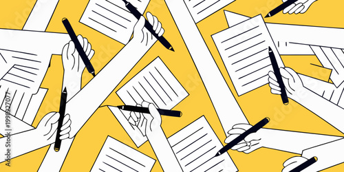 Hands writing with pens on paper repeating pattern vector illustration