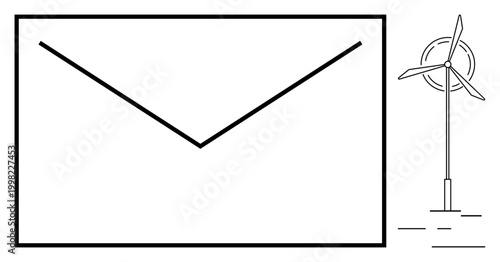 Renewable energy, communication, eco-friendly solutions, wind power, technology integration, sustainability. Outline of an envelope and wind turbine. Renewable energy and communication