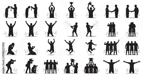 Trophy Ceremony Moments Silhouettes Set Pack Editable Vector Stroke Illustration. featuring more  victory, success, sports, silhouette, vector, illustration, graphic, design, championship silhouettes.