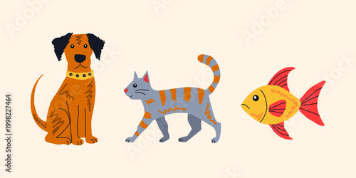 Cute Pet Animals Set. Dog Cat and Fish. Cartoon Vector Illustration Collection