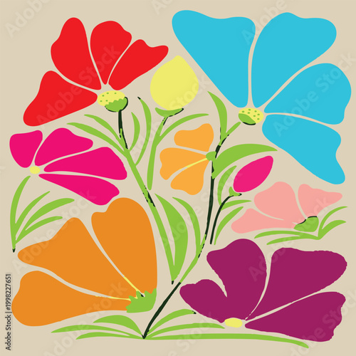 vibrant, mid-century modern floral print features colorful blooms