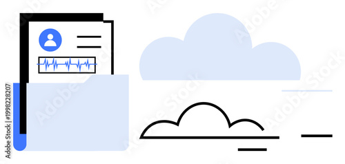 Data storage, cloud computing, health records, medical data, digital record keeping, online services. A folder with medical records and a cloud icon. Cloud computing and health records concept