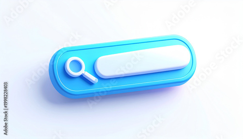 Isolated 3D blue search bar with magnifying glass on a light background