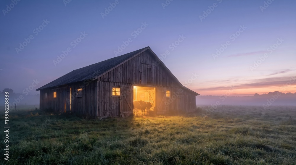 Obraz premium Old rustic barn with warm light glowing at dawn in a misty field.