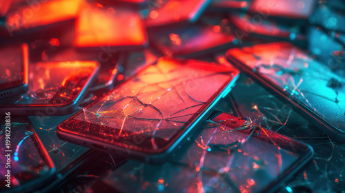 Pile of broken smartphone screens with shattered glass dramatic red and blue lighting