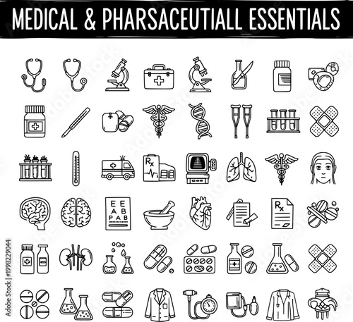 Medical and Pharmaceutical Essentials Icon Set - Healthcare, Pharmacy, and Science Line Art Collection