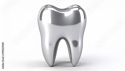 Reflective silver tooth model with a subtle dark spot on white