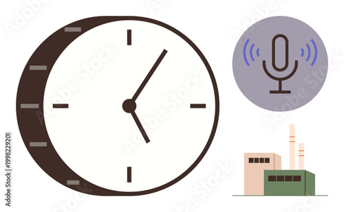 Time management, productivity monitoring, broadcasting, communication, industrial processes, efficiency. Features a clock, microphone icon and factory. Time management and productivity monitoring