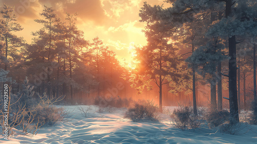 Winter forest landscape with sunlight shining through pine trees and snow covered ground