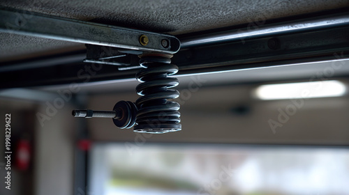Broken garage door torsion spring with metal shaft close up view high-quality