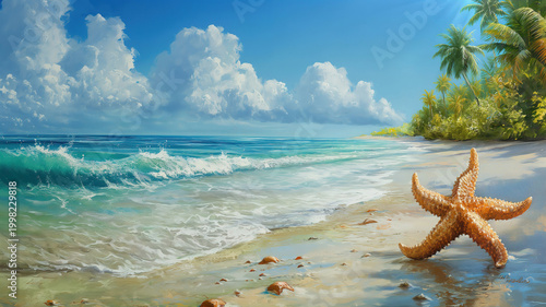 Tropical beach scene with turquoise waves white sand and a vibrant orange starfish