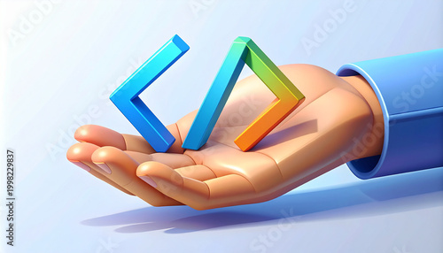 Stylized cartoon hand holding colorful abstract code brackets, representing programming