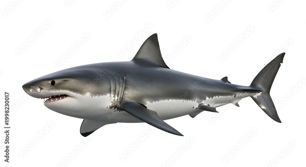 Fototapeta premium Great White Shark: A powerful, sleek Great White Shark glides through the water, a symbol of marine dominance, and an apex predator of the ocean depths.