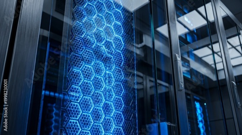 Futuristic Network Operations Center with AI Dashboard Glass Reflection