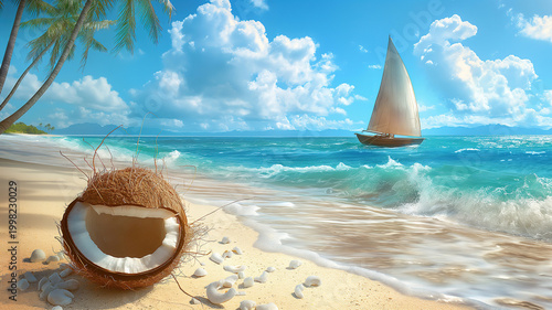 Coconut shell and tropical beach scene with sailboat and clear blue sky