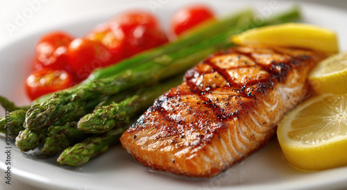 Fresh grilled salmon with asparagus and tomatoes served with lemon slices on a white plate during a dinner