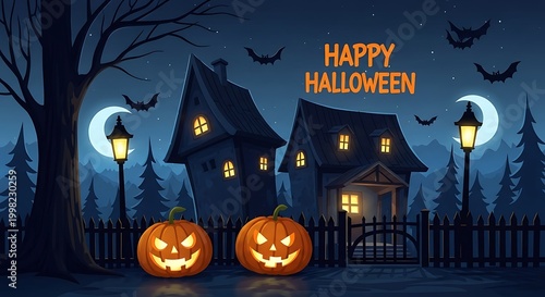 Halloween Night Calm Moonlit Village Farm House