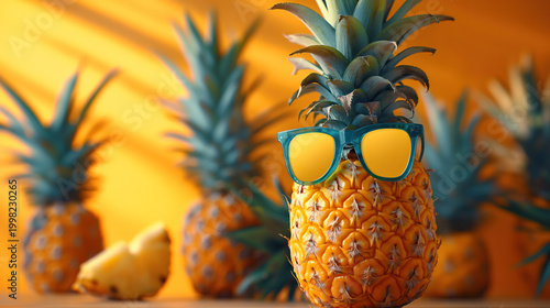 Pineapple wearing sunglasses a playful tropical fruit composition with blurred background high-quality