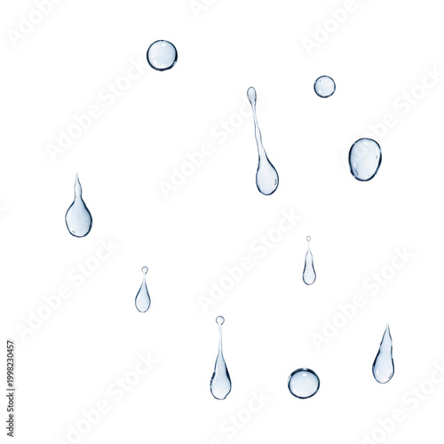 Scattered raindrops of various sizes and shapes with soft blue and grey refraction suspended against a solid white background, serene refreshing water atmosphere