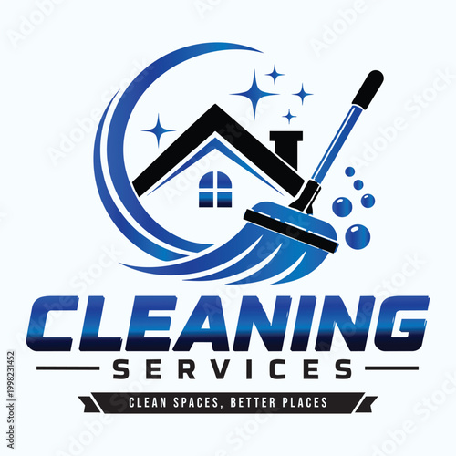 Professional cleaning services logo vector, residential house maintenance emblem with broom and bubbles, commercial janitorial business branding