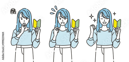 初心者マークを持つ女性のリアクションイラスト