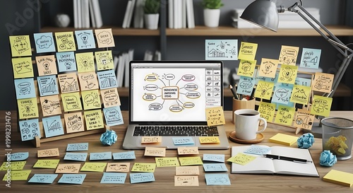 Creative Brainstorming Desk with Colorful Sticky Notes and Laptop