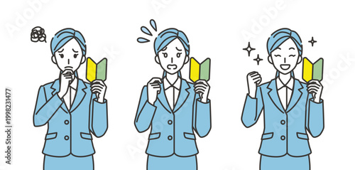 初心者マークを持つビジネスウーマンのリアクションセット
