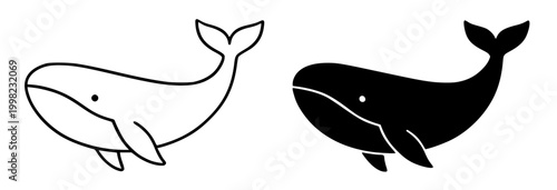 Whale minimalist illustration, outline and silhouette animal icon