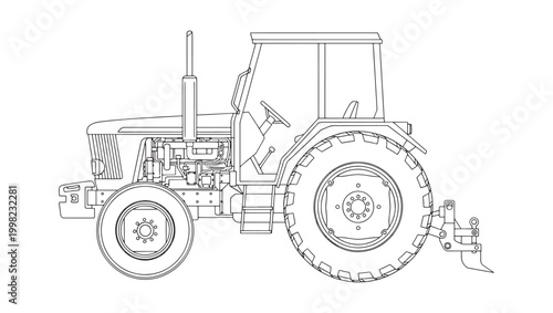 Agricultural Tractor with Plow Side View Line Vector Illustration