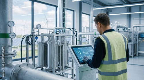 Industrial operator monitoring hydrogen production facility control panel, clean energy manufacturing, sustainable fuel technology, factory automation, chemical processing plant,