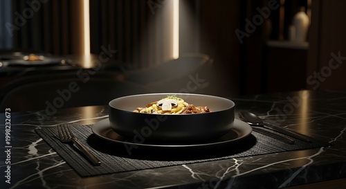Elegant Black Bowl with Gourmet Pasta on Marble Table in Dim Modern Dining Room