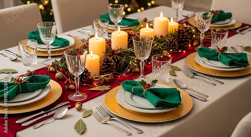 Elegant Christmas Table Setting with Green Napkins Candles and Pinecones