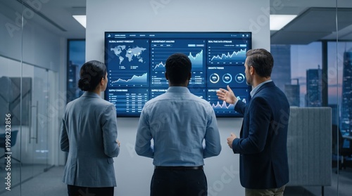 Team reviewing global market forecast and AI investment analysis on large digital screen, business meeting, financial data visualization, corporate strategy discussion, supply