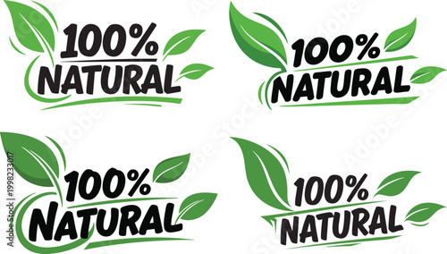 Four 100 natural labels with green leaf accents