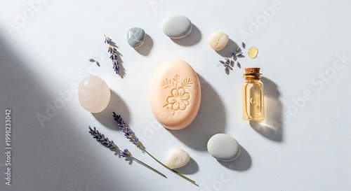 Elegant Soap Bar with Floral Carving Lavender Sprigs and Essential Oil