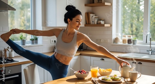 Flexible Woman Doing Leg Stretch in Bright Modern Kitchen