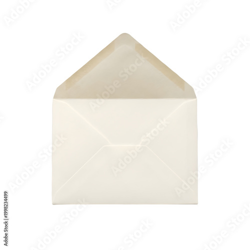 Empty beige envelope with flap open against white background