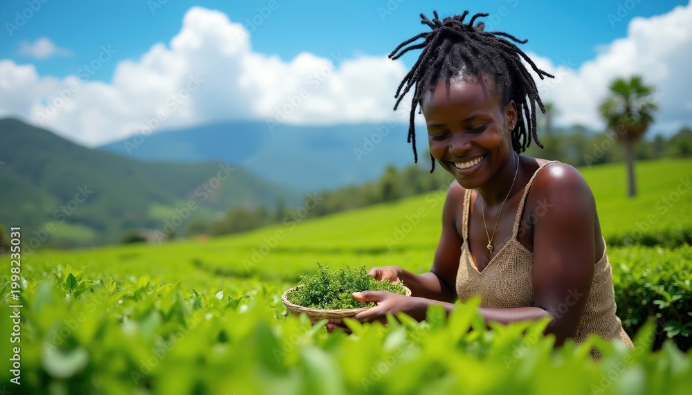 Fototapeta premium Smiling African woman harvests green tea leaves from plantation. She holds basket, works in sunny rural field. Mountains and blue sky background.