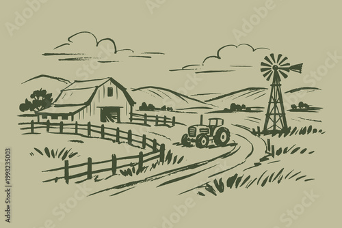 Farm landscape with barn and windmill sketch vector illustration