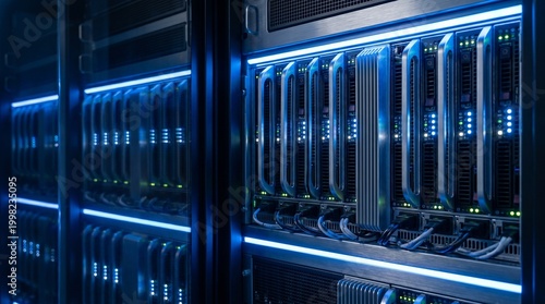 High-Density Blade Servers in Modern Data Center with Blue Neon Lighting