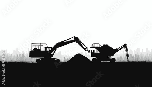 Coal Mining Heavy Equipment Silhouette – Excavator and Industrial Machinery Vector Illustration