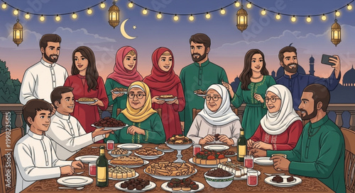 Muslim family celebrating Iftar on rooftop enjoying traditional food and togetherness Ramadan evening with crescent moon and festive li