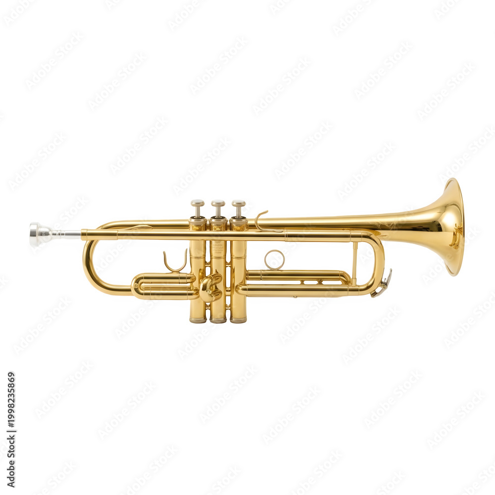 Obraz premium Professional Gold Trumpet Instrument with Three Valves and Bell