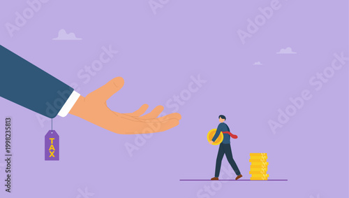 Big hand demand money from businessman. Tax hike, government increase tax or steal money from people, debt or loan interest to pay off concept.