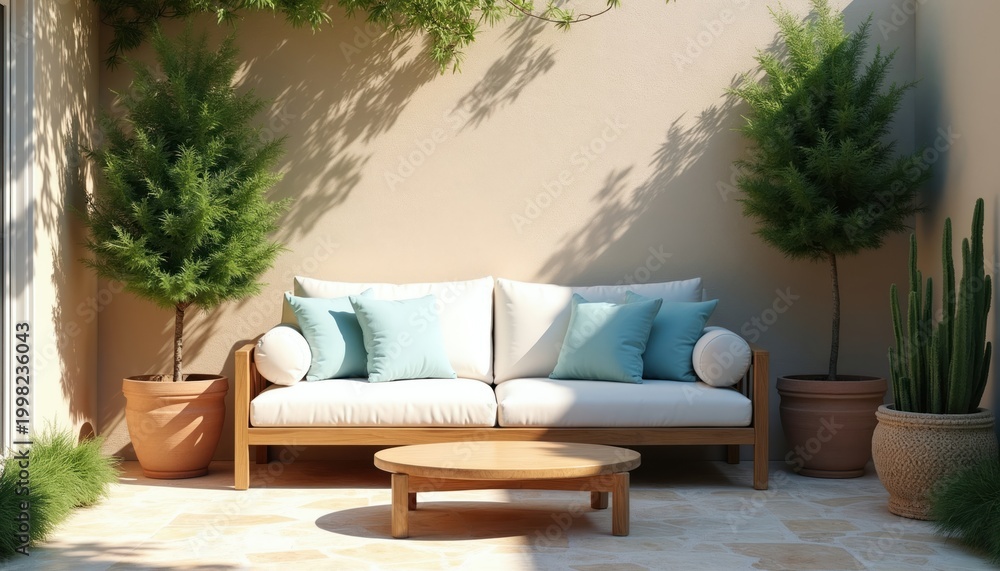 Fototapeta premium Sunlit patio with modern sofa and coffee table. Potted trees and plants add greenery to the outdoor space. Relaxing atmosphere with light and shadow play on the wall.