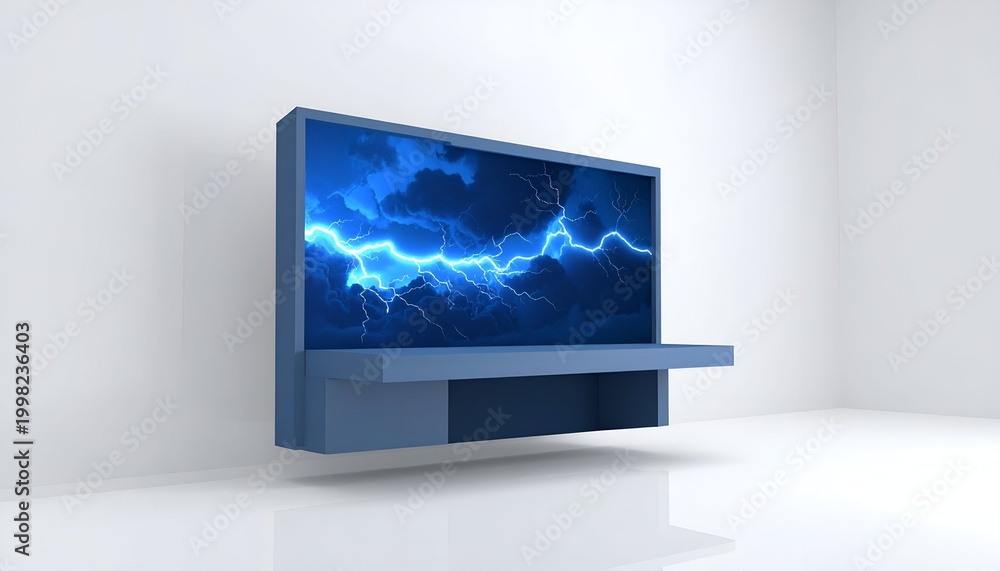 Fototapeta premium Modern interior technology product photography of a sleek flat screen television displaying a bright blue glowing lightning storm.