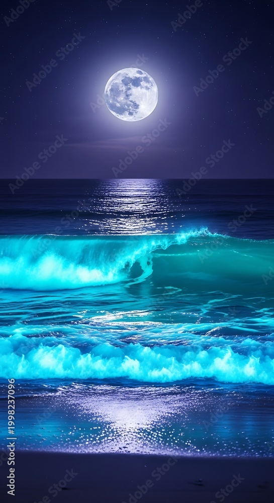 Fototapeta premium Glowing ocean waves under full moonlight.